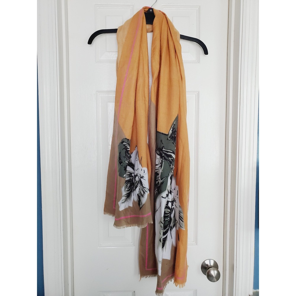 Oversized Wool Blend Lagenlook Floral Scarf Gold Gray Floral Lightweight Wrap OS